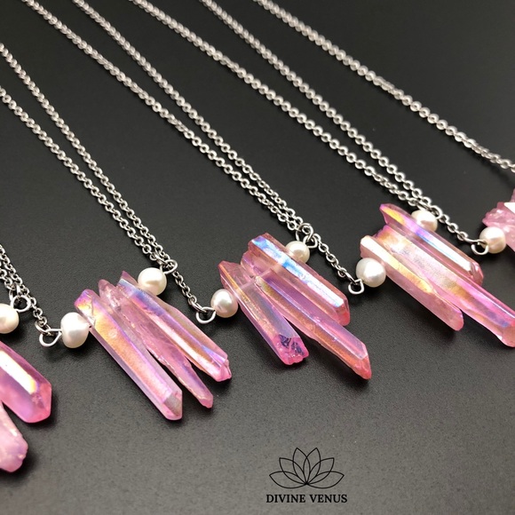 Angel Aura Pink Quartz x Pearls Necklace | Stainless Steel Chain - Picture 13 of 15